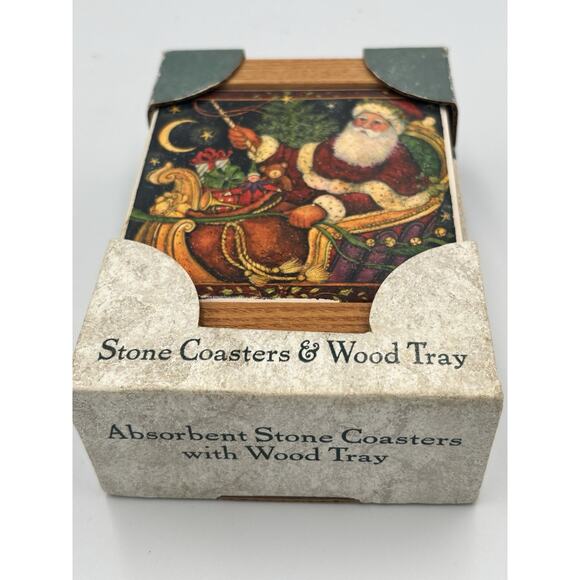 Absorbent Stone Coaster St Nicholas Set of 4 Wood Tray Boxed Santa Christmas NOS - Picture 4 of 10